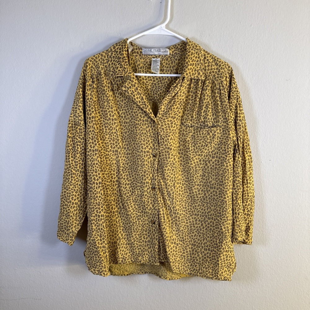 Vintage Anne Pinkerton Women's Leopard Print Button-Up‎ Shirt Size M 100% Silk